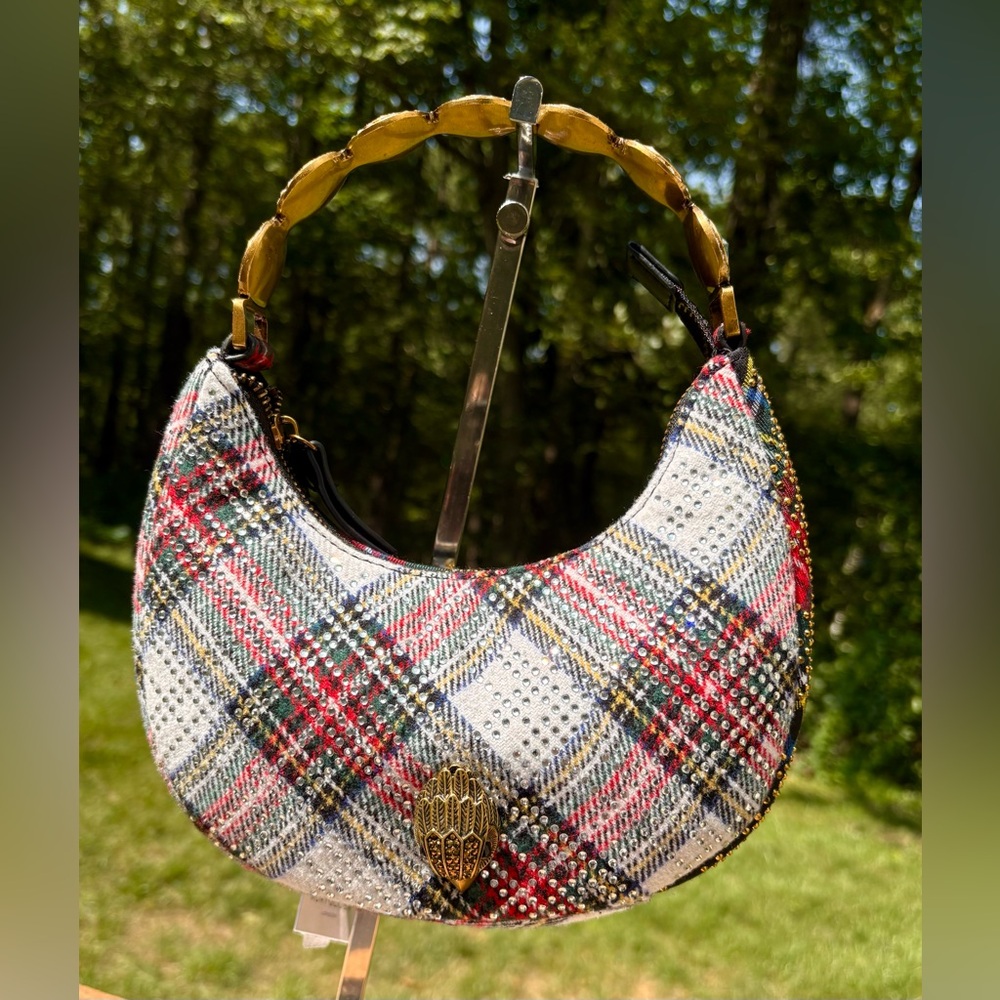 Kurt Geiger London Plaid Handbag with Crystal & Gold Handle